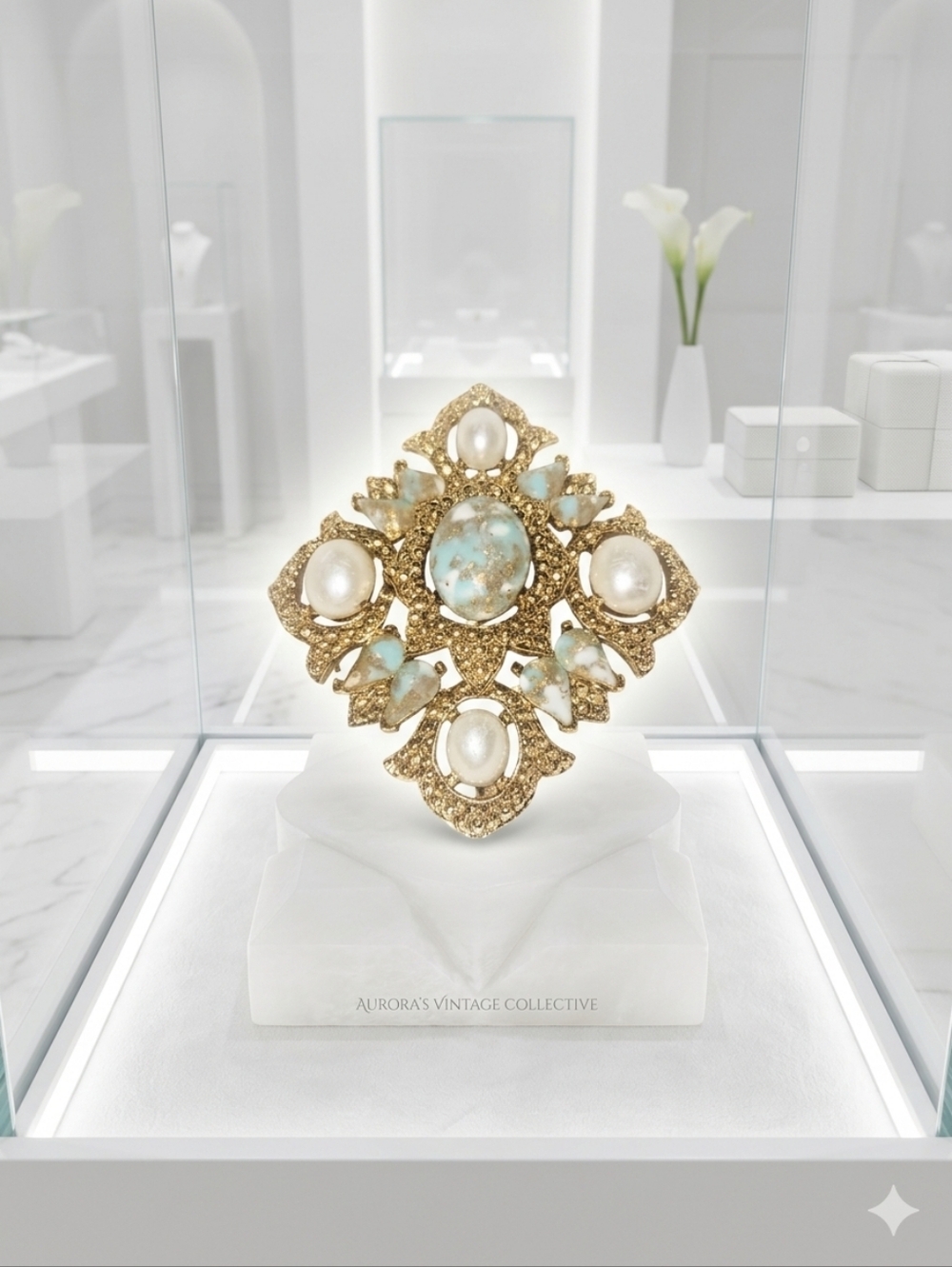 Sarah Coventry Gold-Tone Brooch with Turquoise Blue and Cream Pearls